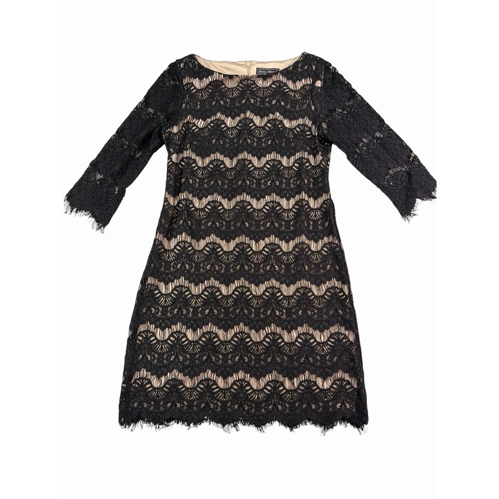 Jessica Howard Sheath Knee Dress Lace Floral 3/4 Sleeve Round Neck Black 8
